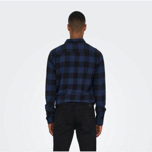 Only & Sons Men's Button Up Flannel Cotton Shirt Slim Blue Black Checkered Sz L - Picture 2 of 12
